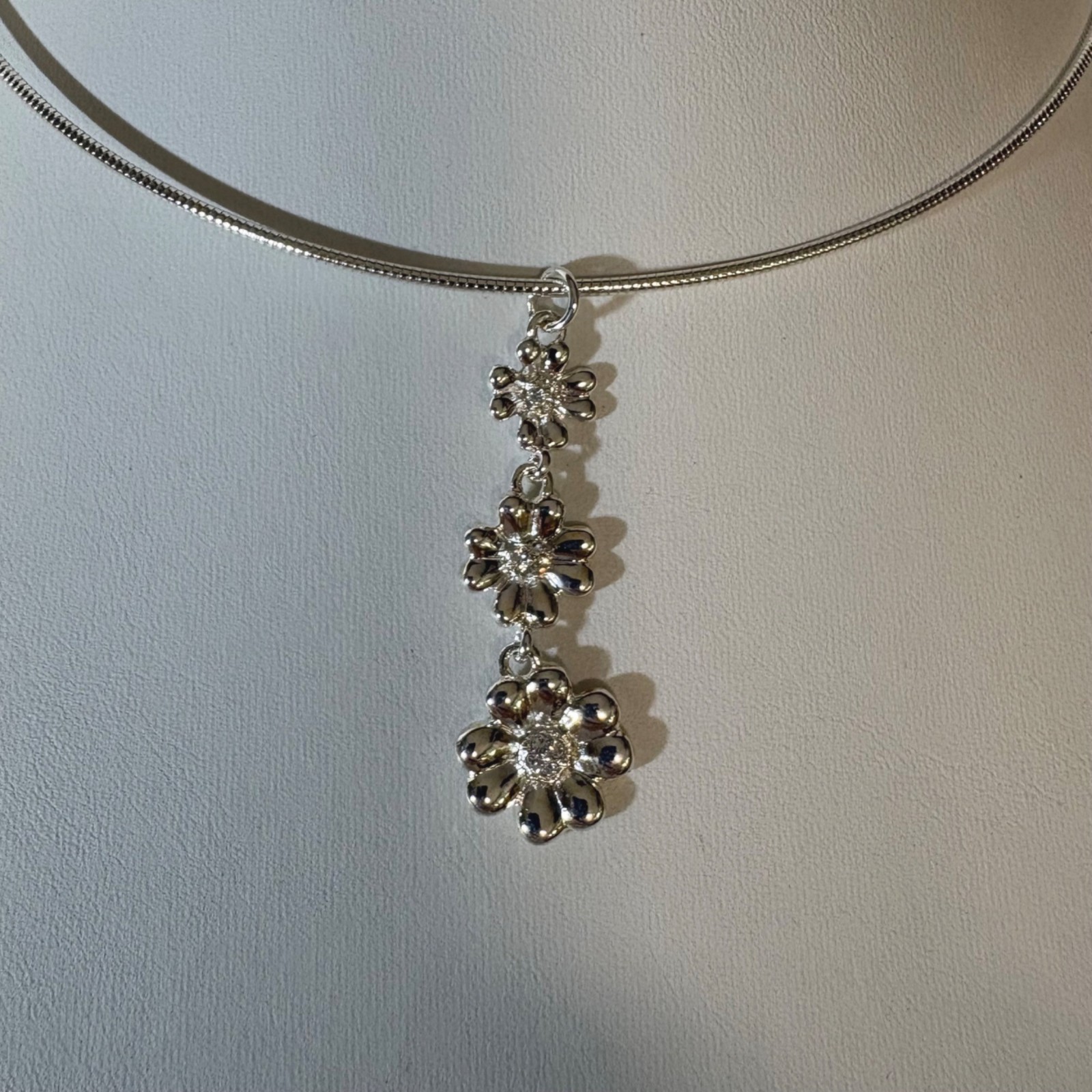 Monet Silver-Tone Drop Pendant Necklace Triple Metal Clovers Rhinestone 2004 VTG