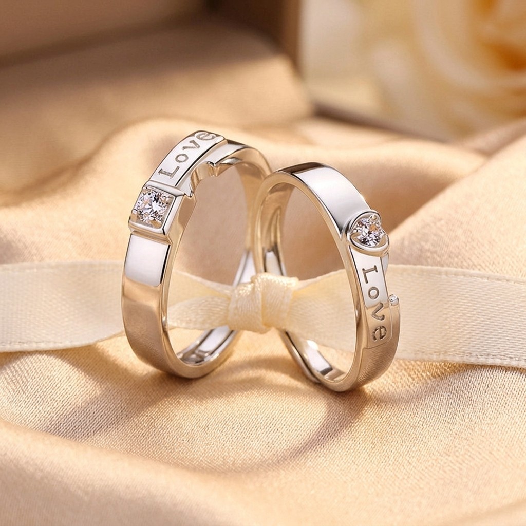 Matching Heart LOVE Pattern Promise Couple Rings Daily Jewelry for Him and Her