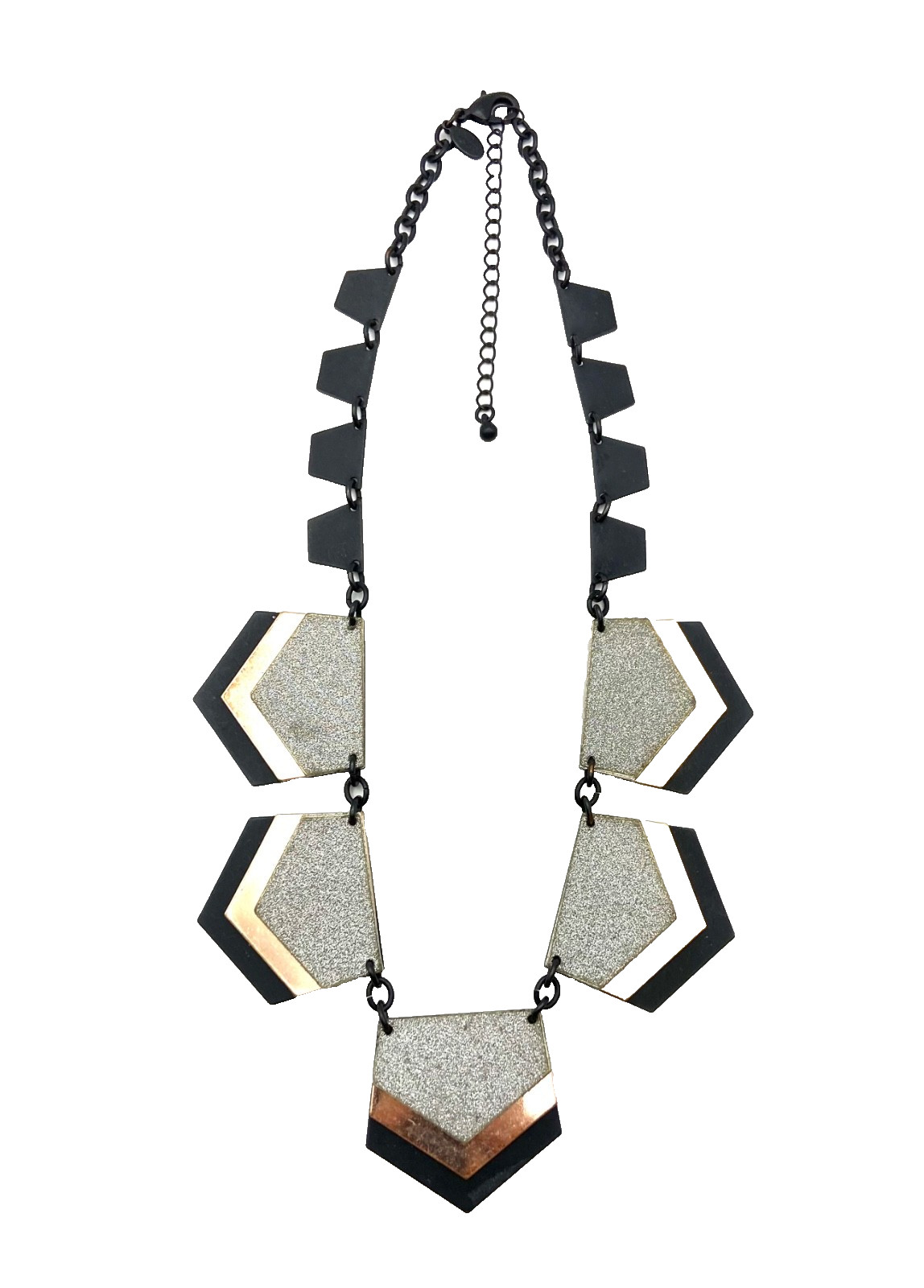 Express Black Triple Layer Pentagon Panel Necklace Tri-Tone Glitter Statement