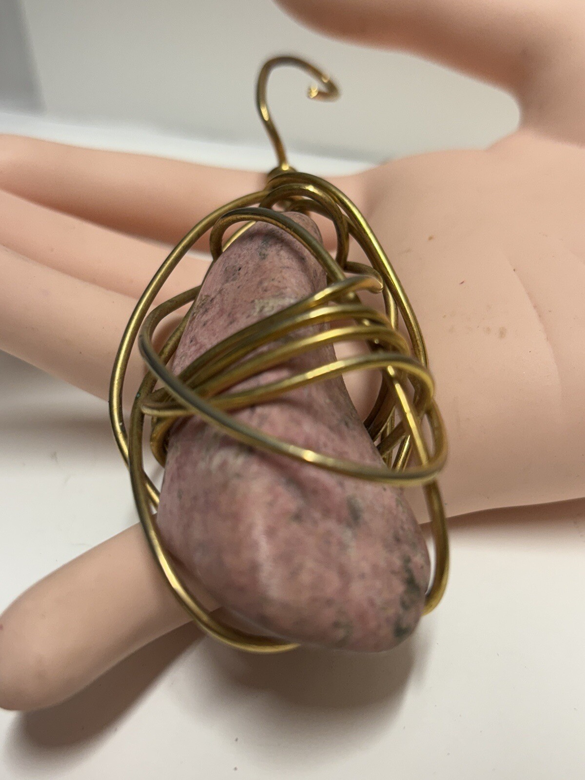 Pendant Pink Coral Gemstone Gold Tone Wire Wrapped Handmade Jewelry 2”