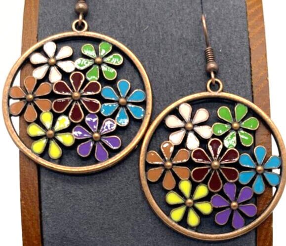 Earrings. Boho Copper Tone Circle with Mullti-Color Flowers. Hook. Drop 2″