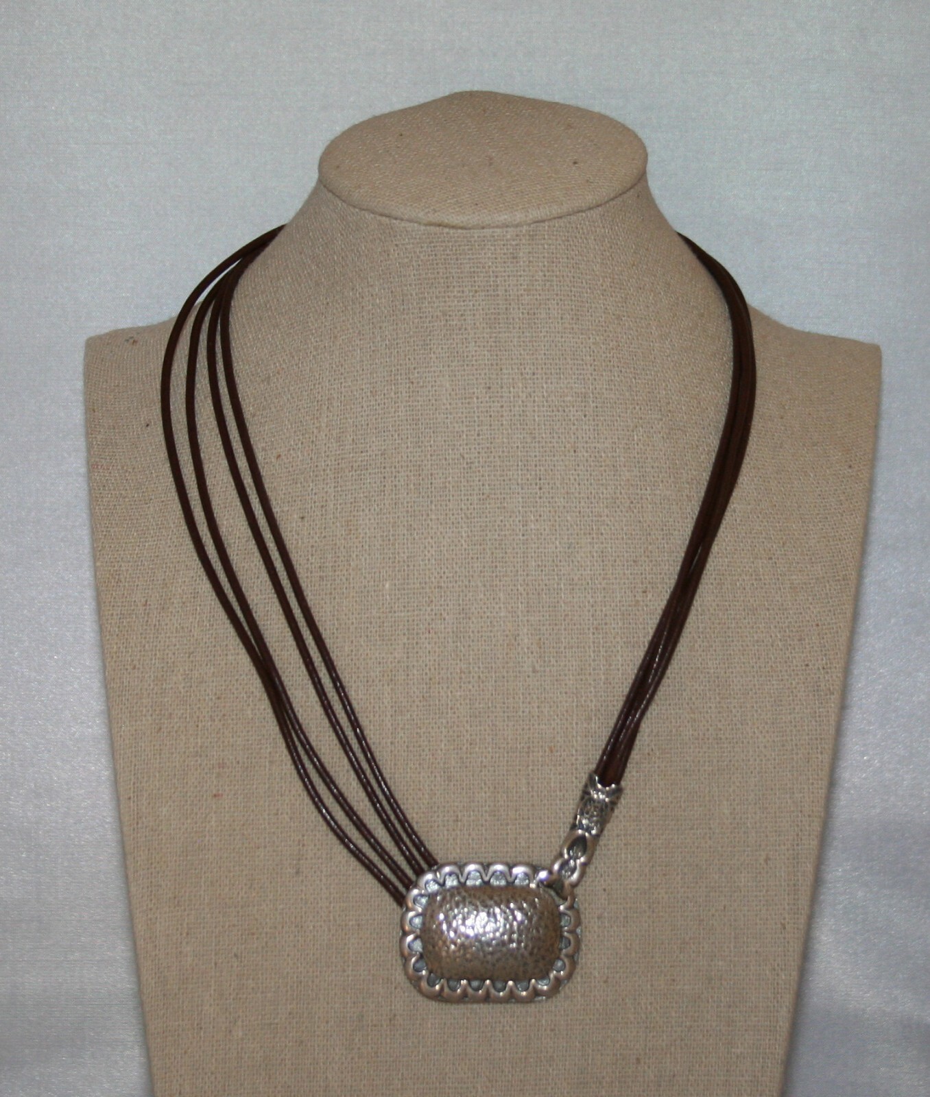Silpada Silver Oxidized Hammered Clasp Pendant Brown Leather Necklace N1715