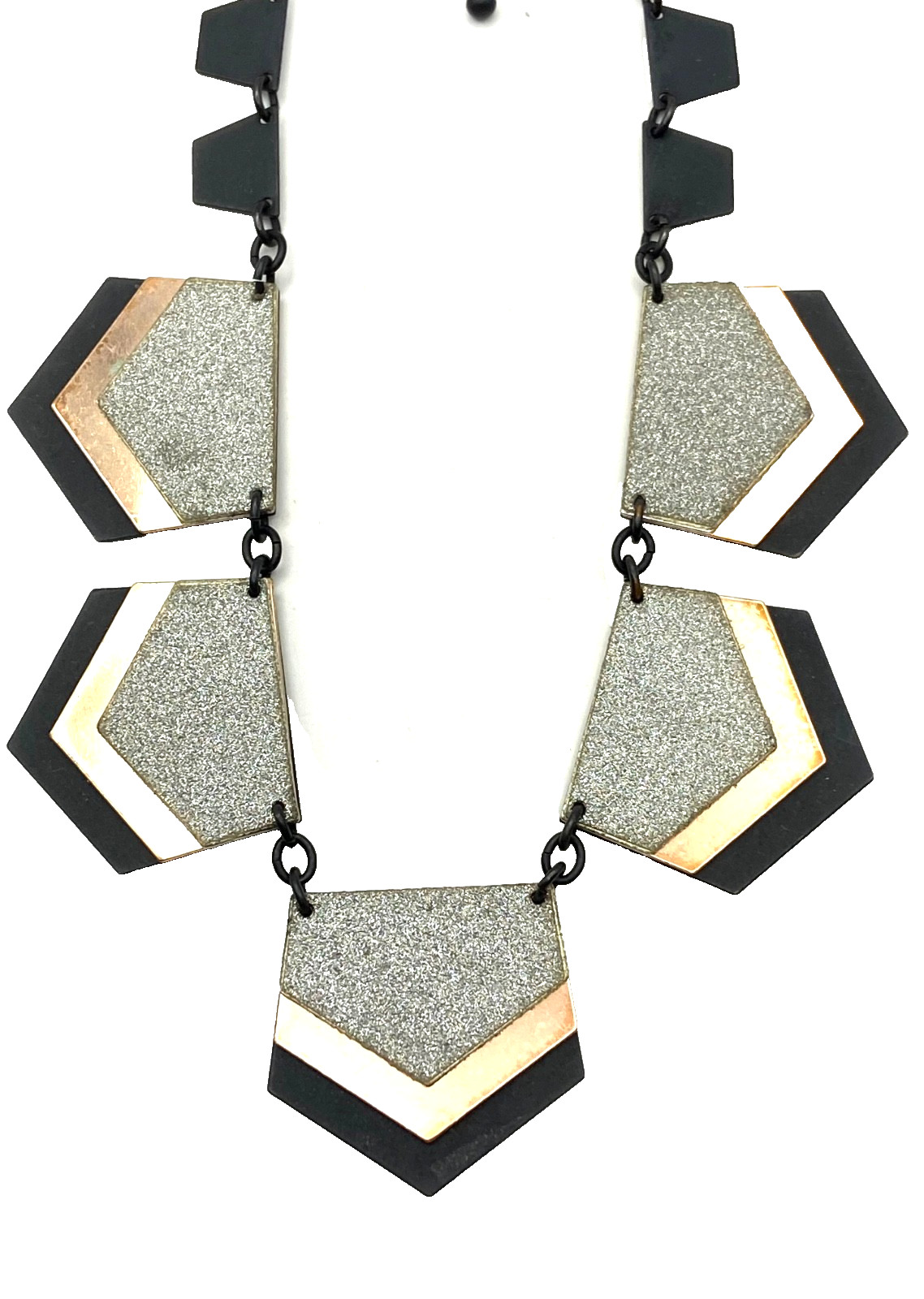Express Black Triple Layer Pentagon Panel Necklace Tri-Tone Glitter Statement