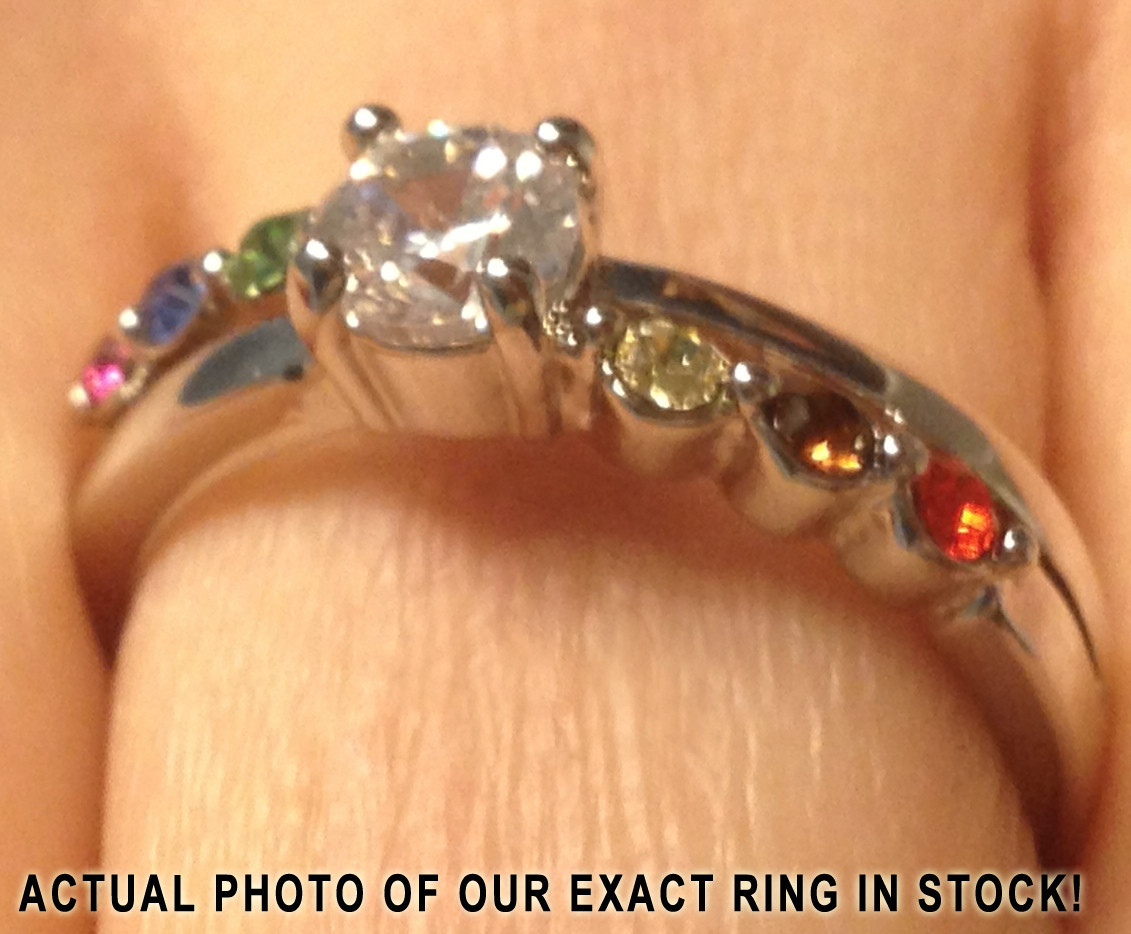 Pride Shack – Lesbian Gay Pride Wedding Ring Band – Rainbow Ring CZ Stone Steps