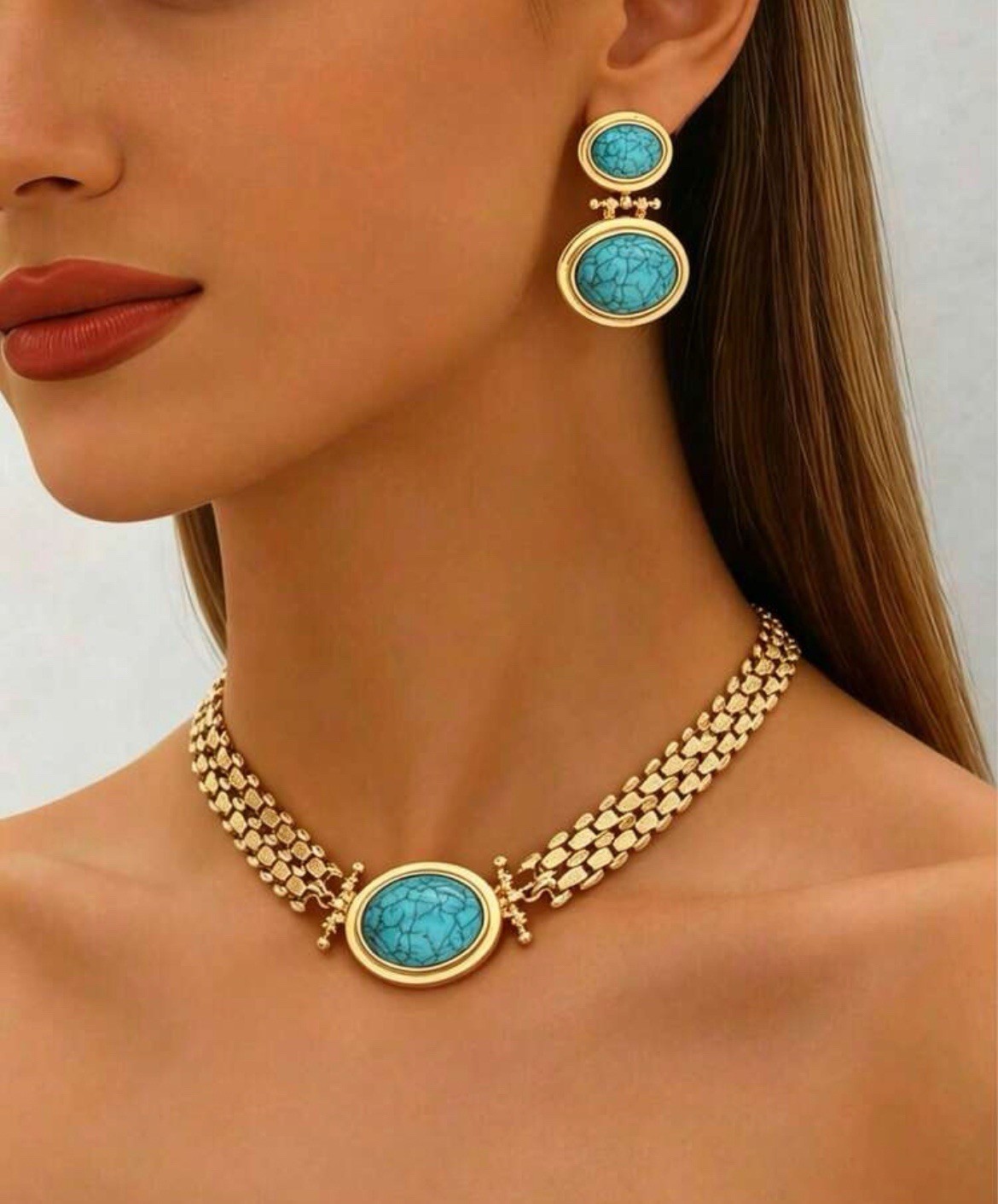Turquoise Choker Necklace Earring Set Gold Plated