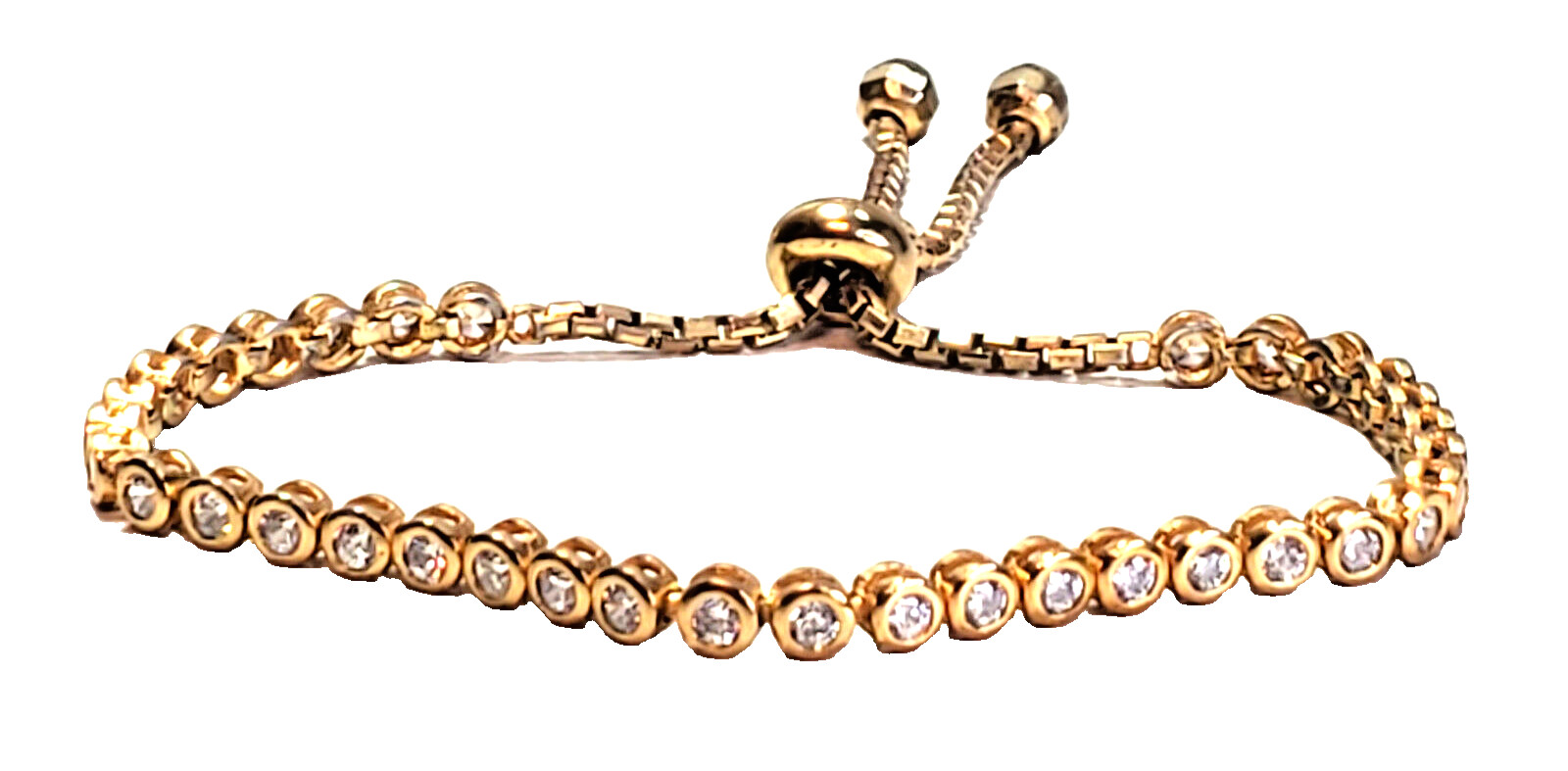 Cubic Zirconia Tennis Bracelet Bezel Set Gold Tone CZ Adjustable 6 – 8 Inches