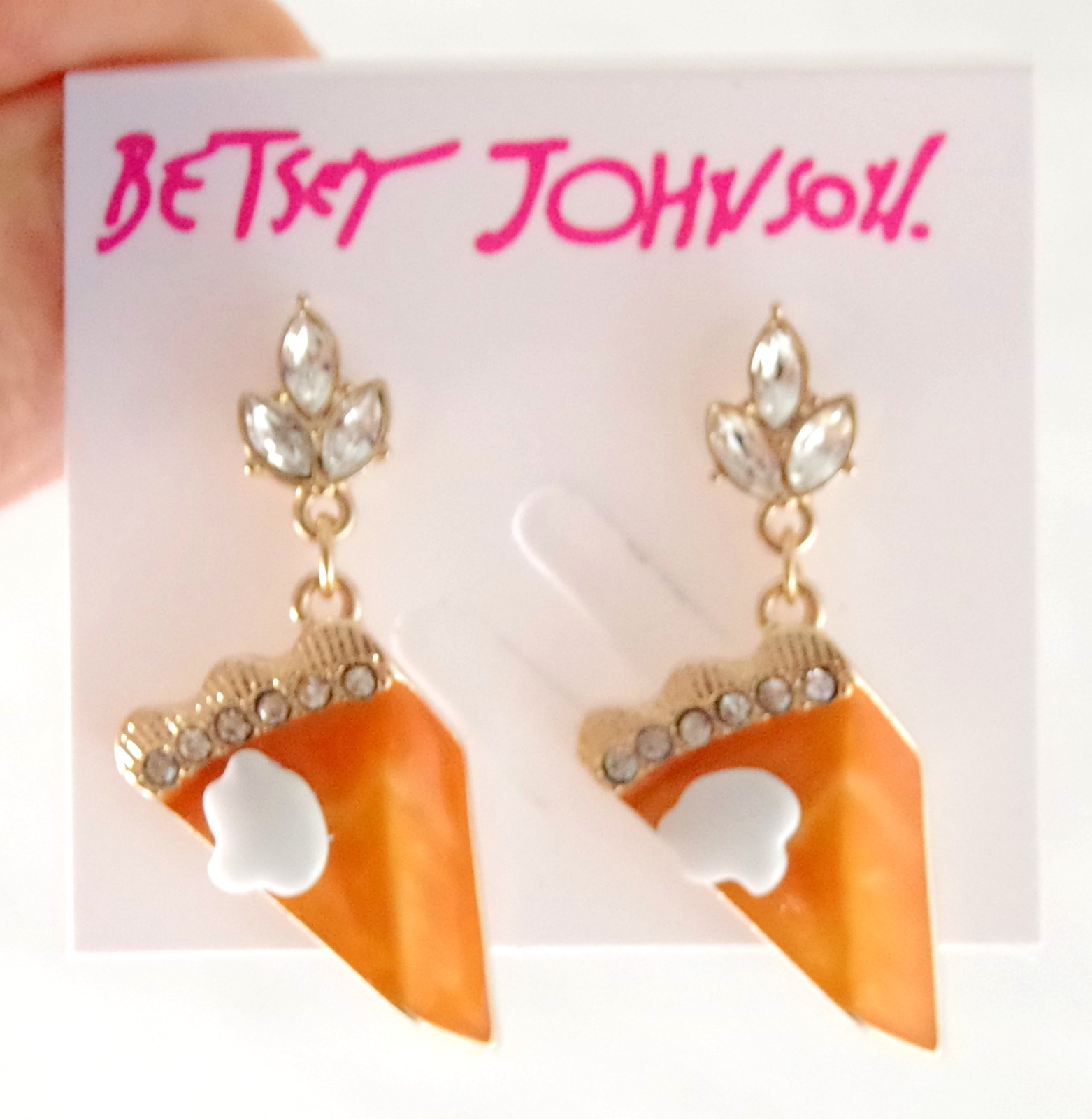 HTF! 3-D BETSEY JOHNSON PUMPKIN PIE RHINESTONE THANKSGIVING DROP DANGLE EARRINGS