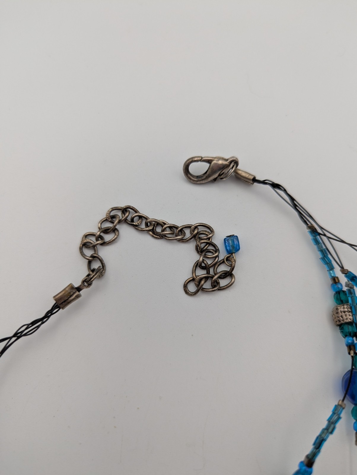 Glass & Plastic 5 Strand Beaded Necklace Blue Green Silver Tone