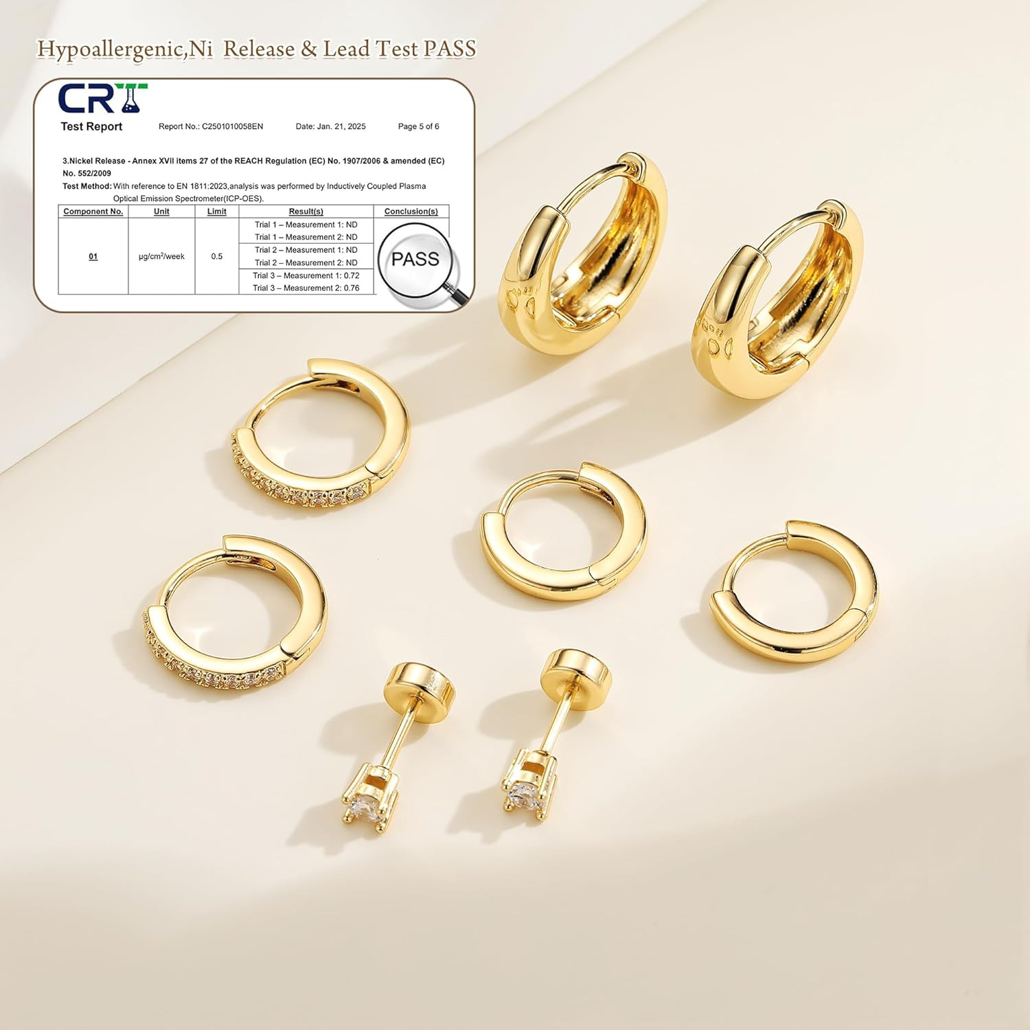 Gold Hoop Earrings Set for Women, Hypoallergenic Flat Back Stud Earrings for Sen