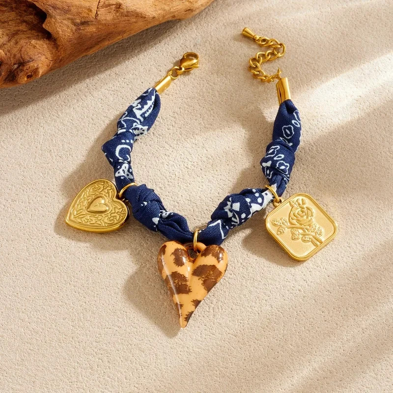 Charm Anklet Bracelet Twisted Braided Blue Scarf Bandana Gold Plated Charms