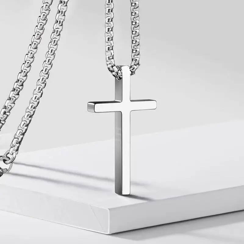 Cross Necklace for Men,Silver Stainless Steel Plain Cross Pendant Necklace