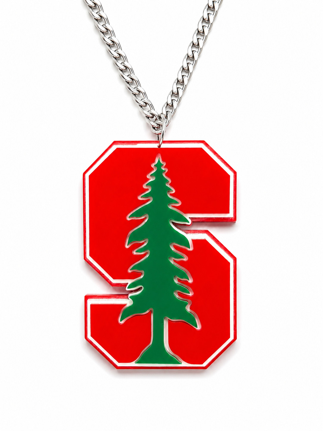 Stanford Cardinal Tree Acrylic Fan Chain Necklace Red Green Silver Pendant