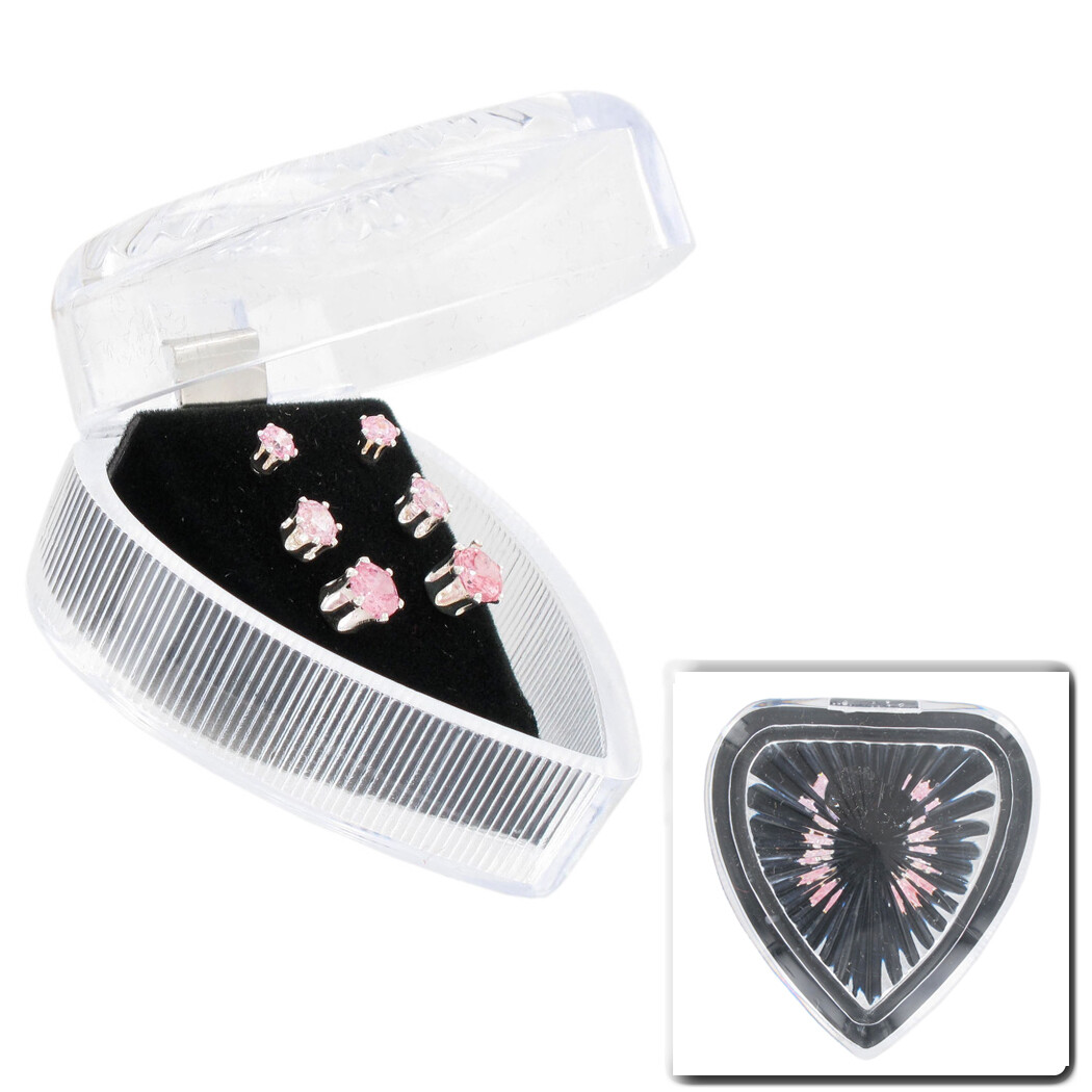 Gift Boxed Stud Earrings Set 3 Pink Cz Cubic Zirconia Silver Tone 4.5 Ct Tw