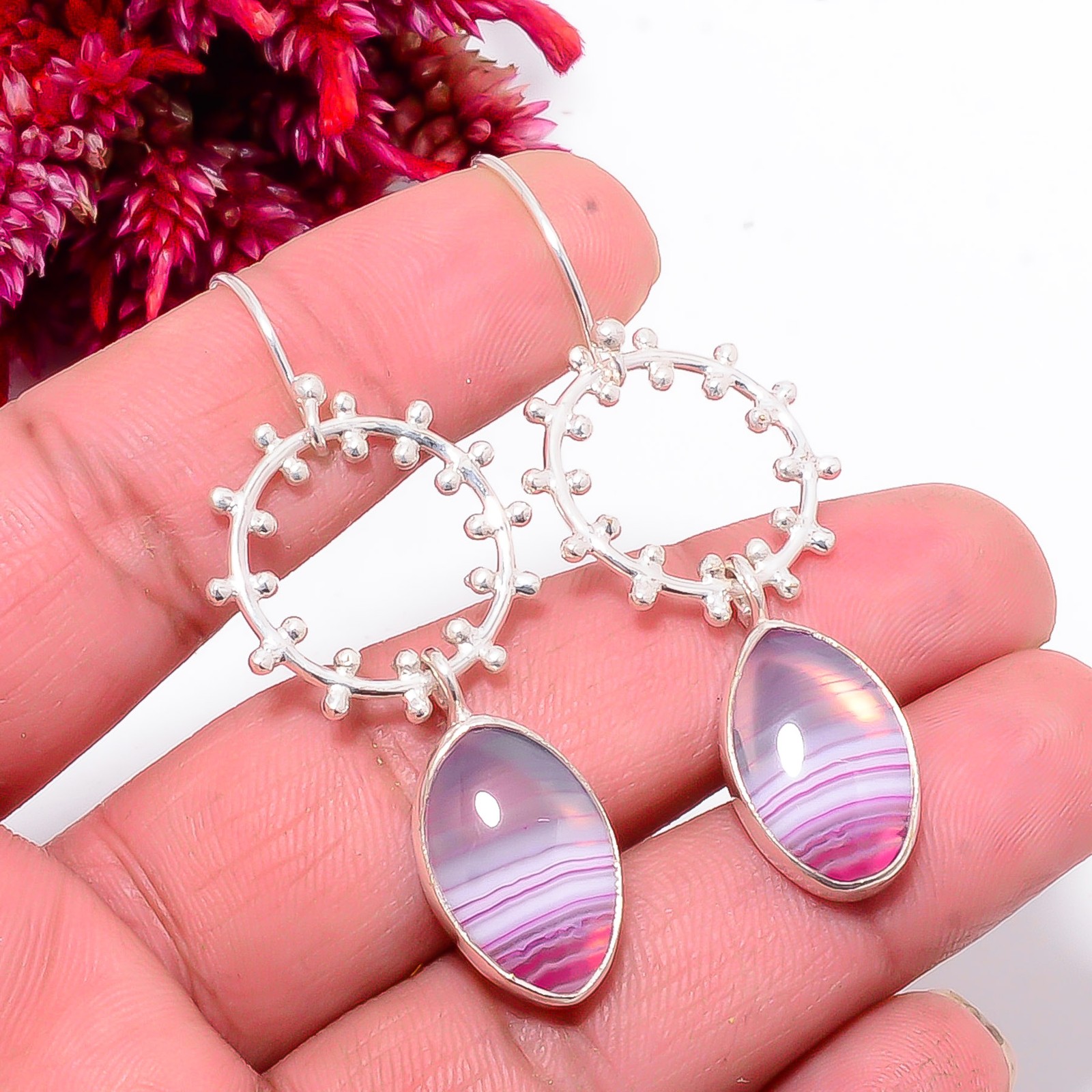 Pink Banded Agate – Botswana 925 Sterling Silver Handmade Earring 2.26″ Sku23