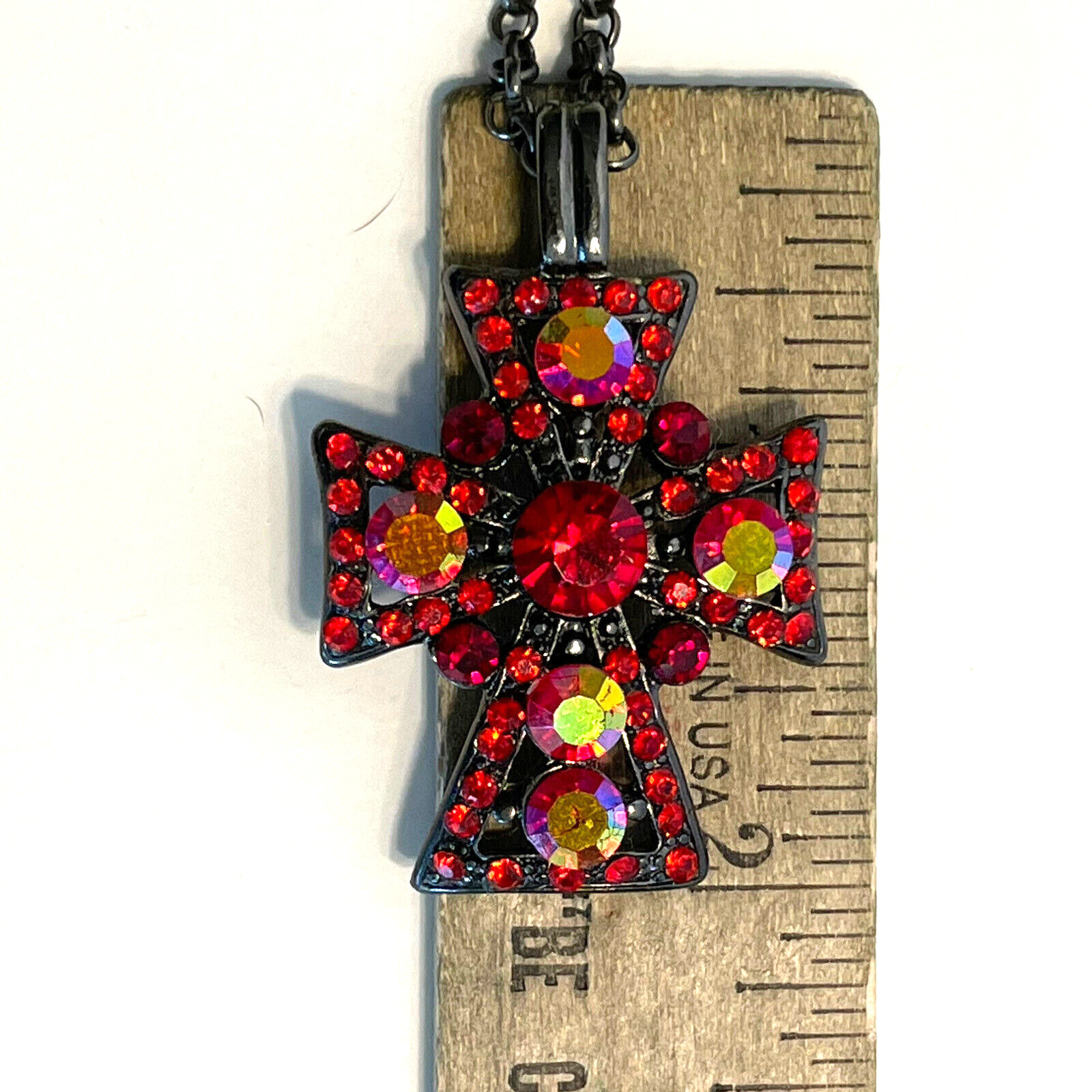 Cross Necklace and Dangle Earring Set Red Aurora Borealis Rhinestones