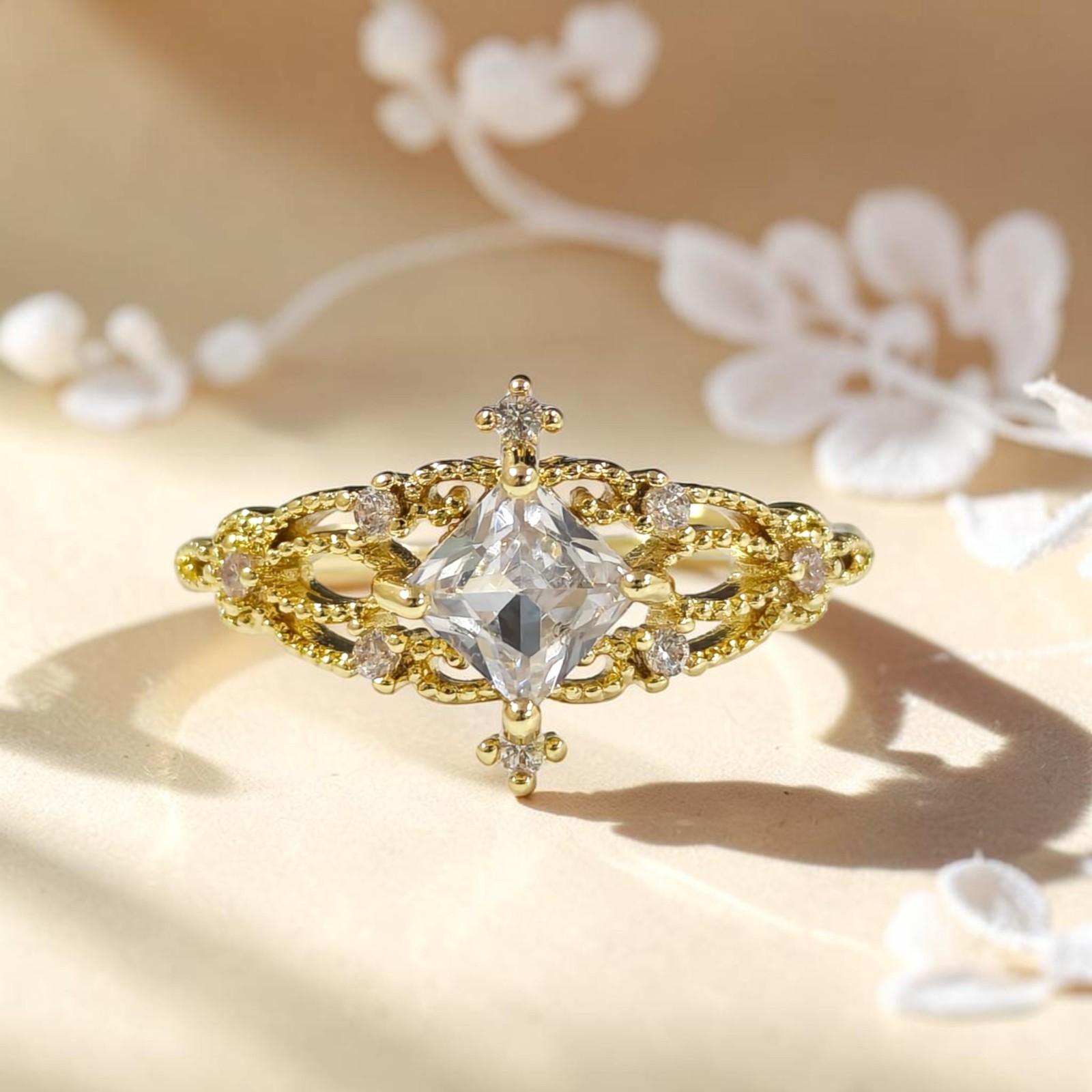 Gold Stainless Steel Vintage Princess Filigree Adjustable Birthstone CZ Ring