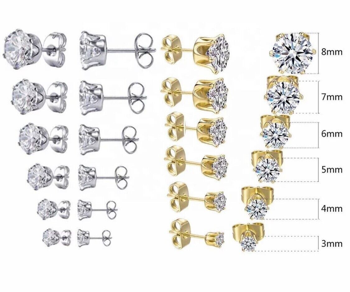 Surgical 316L Stainless Steel Stud Earrings Cubic Zircon Round Men Women 2PC