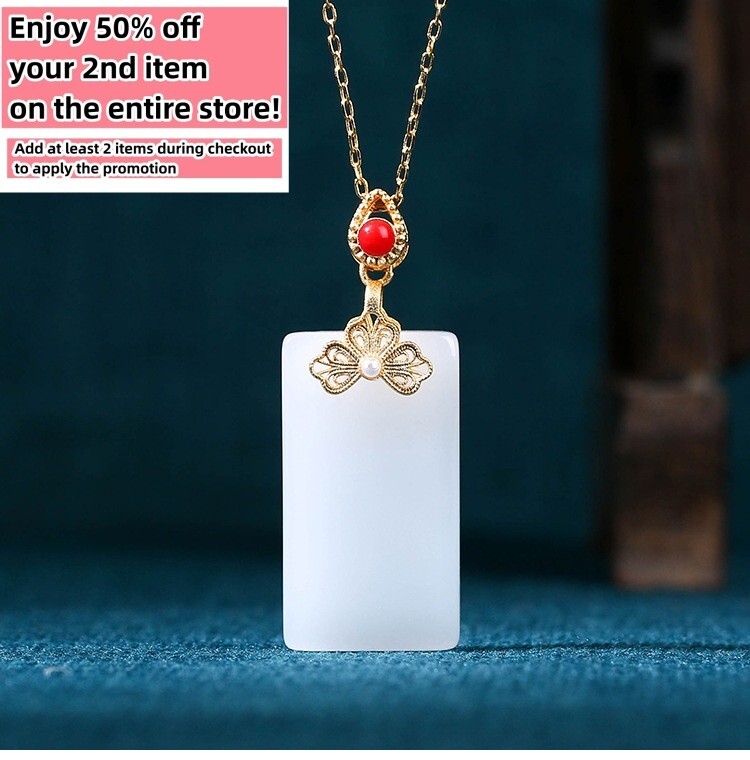 Ivory Jade Pendant Necklace Charm 18K Gold Plated Chain Retro Dainty Gemstone