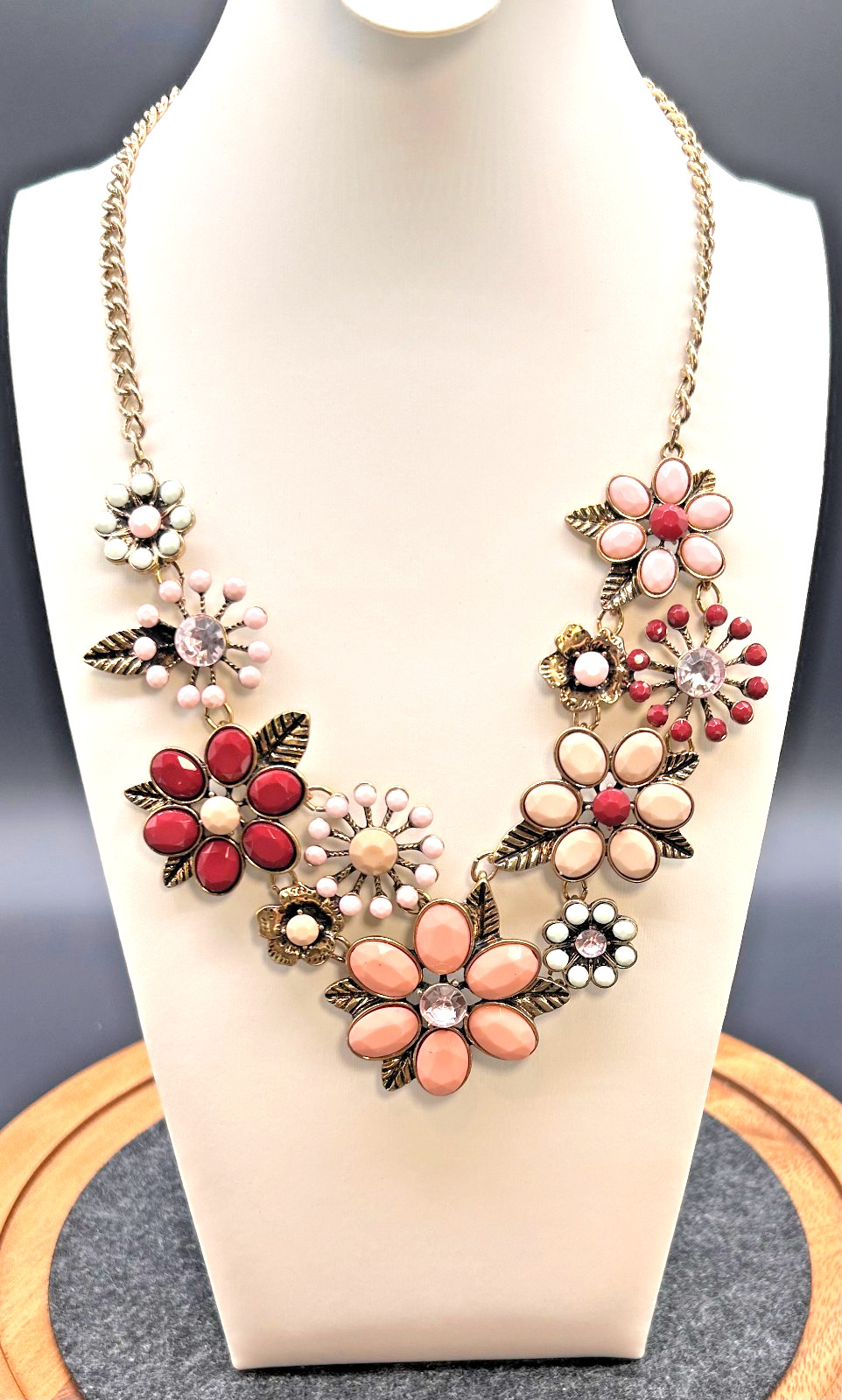 Floral Bib Statement Necklace Gold Tone Pink White Rose Color Bold Signed 21 In