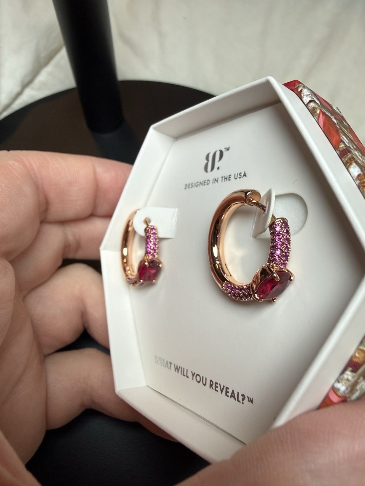 BP Rose Gold Plated Lab-Created Ruby Oval Hinged Huggie Hoop Earrings ER16619
