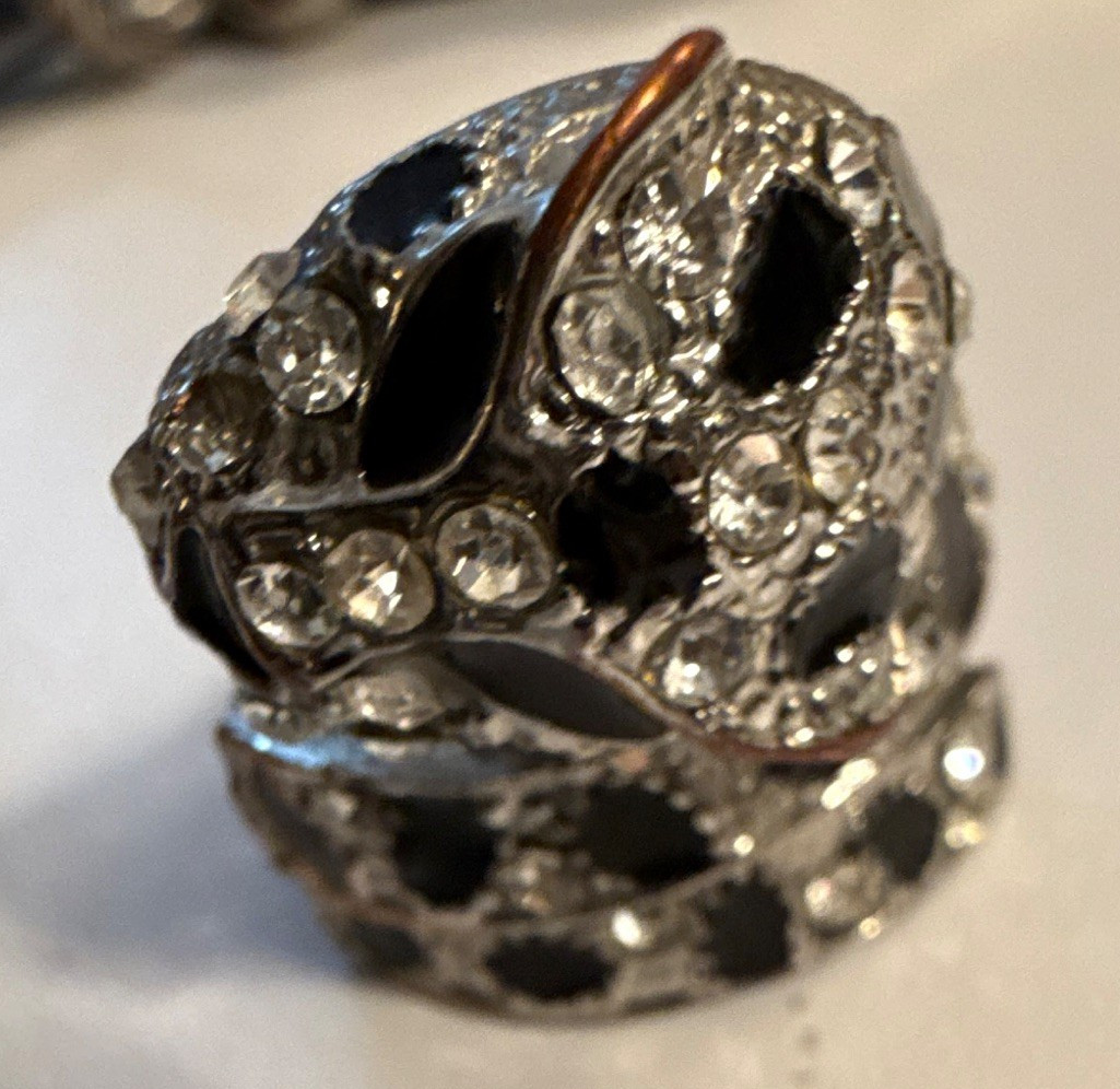 Silver Tone Adjustable Wrap Cocktail Ring Size 9 Clear Rhinestones Black Accents