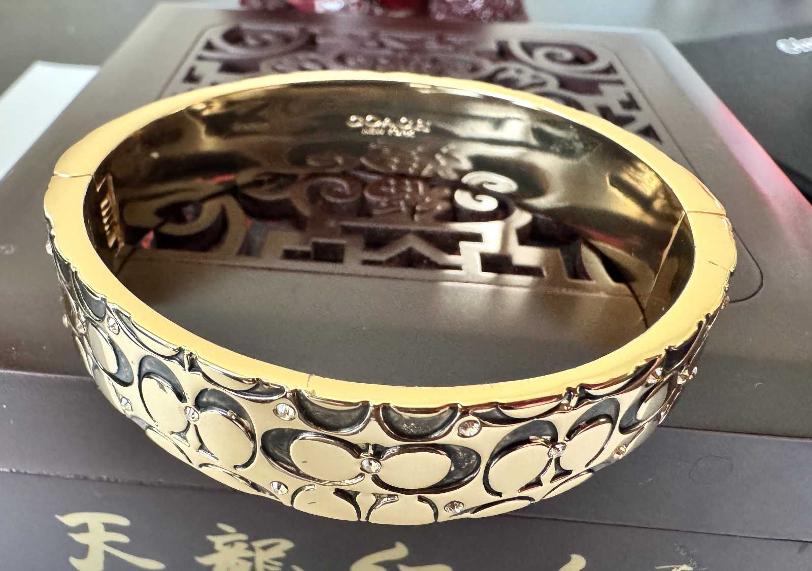 COACH Signature C Hinged Bangle Bracelet Gold Tone Size 59.7 mm