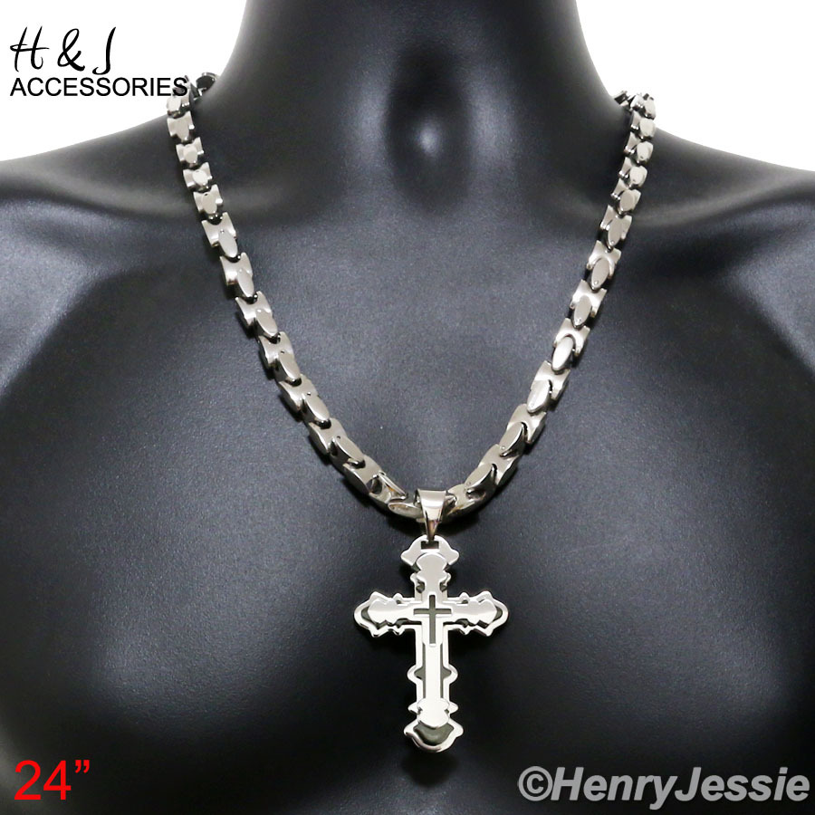 20″24″30″Stainless Steel 8mm Silver Interlock Chain Necklace Cross Pendant*B72