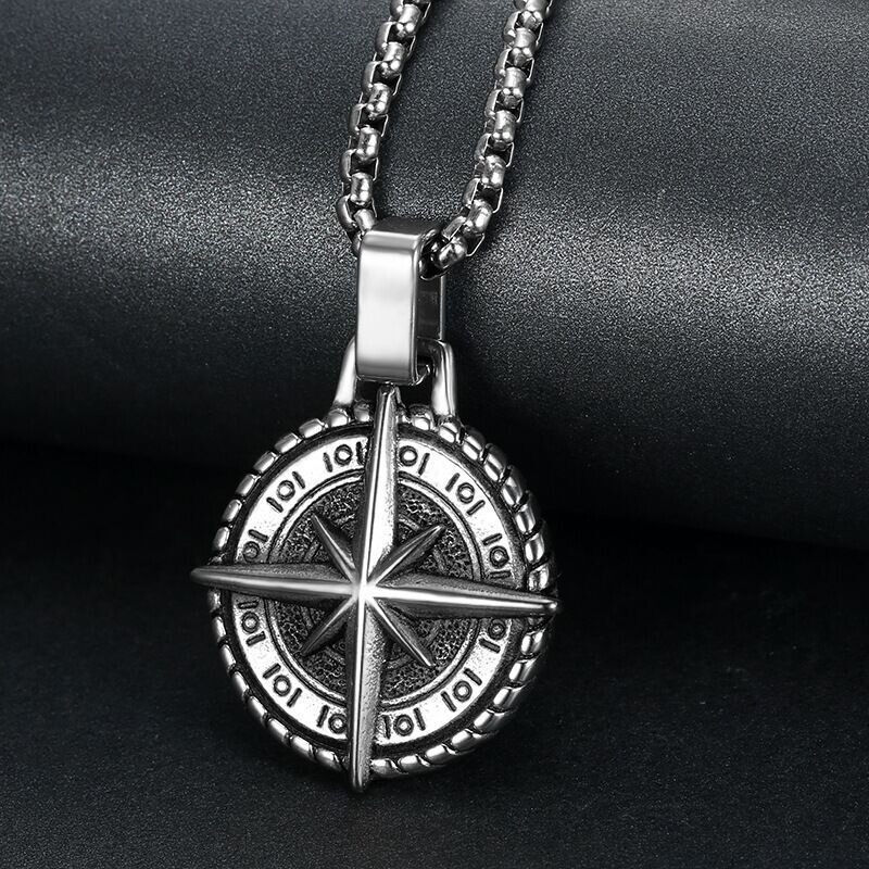 Men’s Silver North Star Compass Pendant Necklace Protection Jewelry Chain 24″