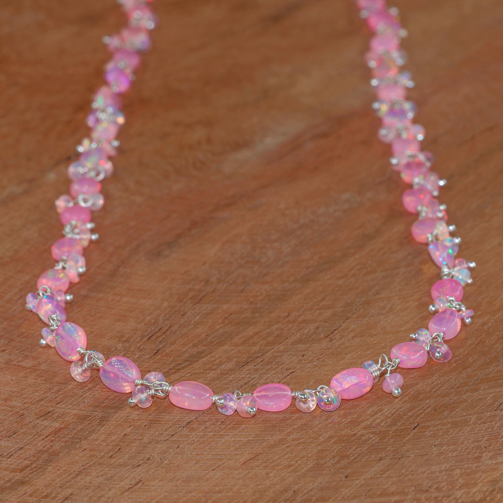 Pink Fire Opal Gemstone Tumble Beads Necklace, Natural Pink Opal Beads Necklace