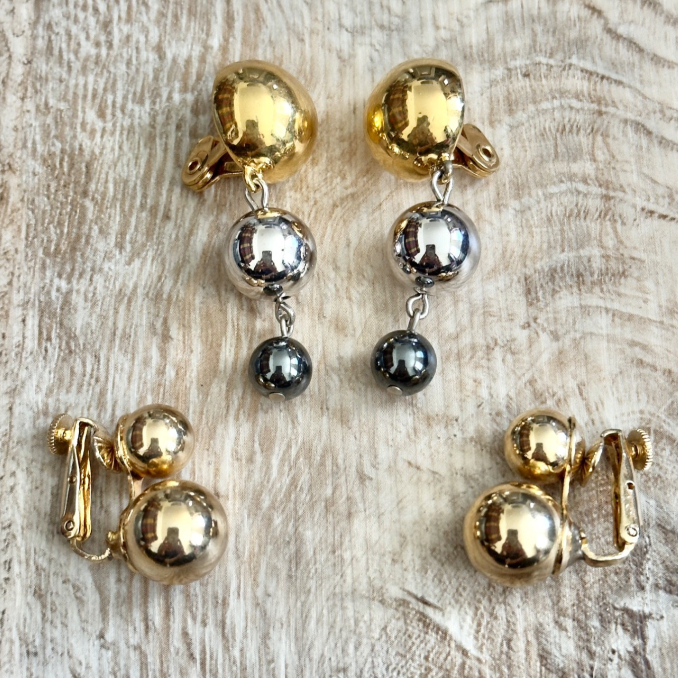 Monet & Coro Clip On Earrings 2 Pair Gunmetal silver & Gold Tone Signed