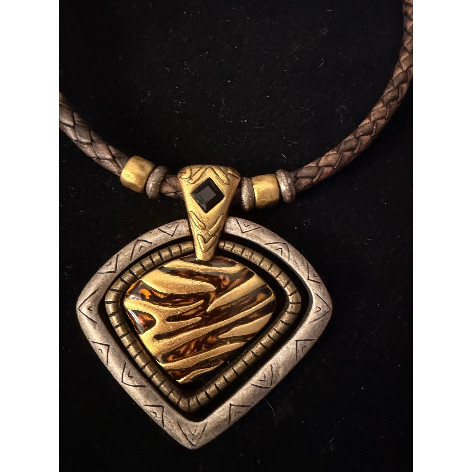 Chico’s Necklace Braided Leather Mixed Metal Geometric Pendant Brown Gold Silver