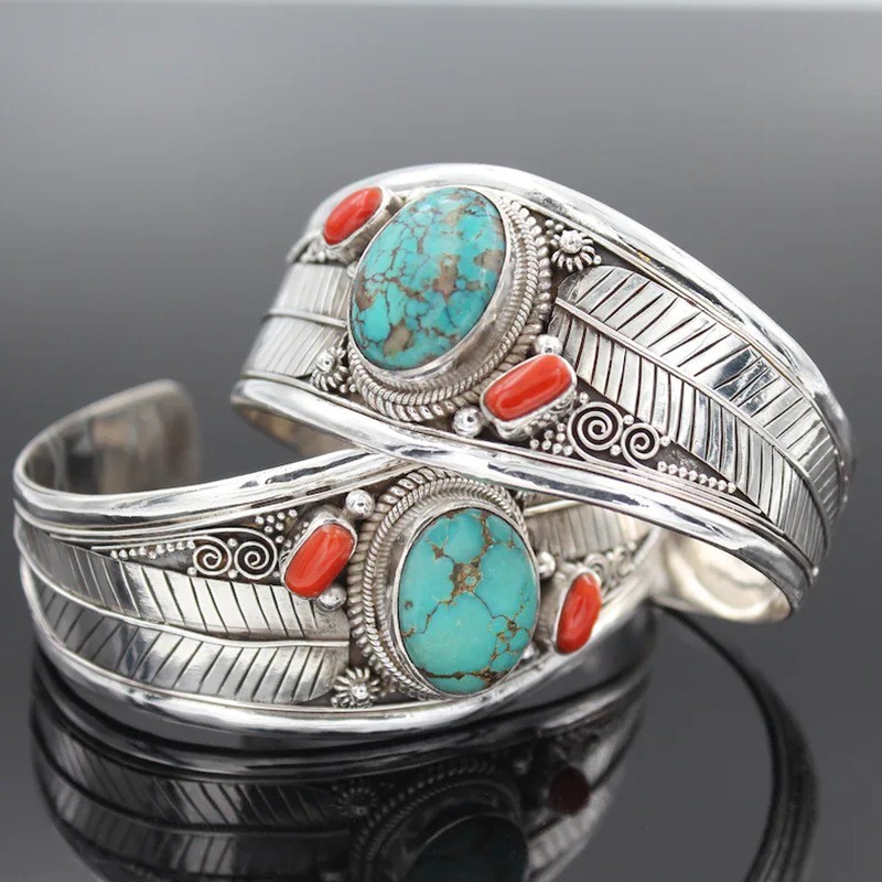 Vintage Silver Turquoise Bracelet Antique Silver Boho Bangle Protection Guardian