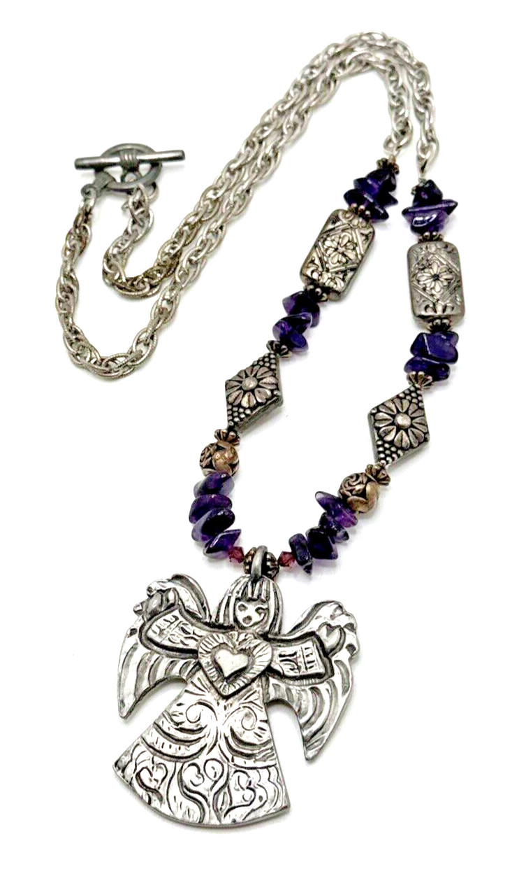 Vintage MARCIE Pewter CHARITY Angel Pendant Necklace Amethyst Stone Beads 24″