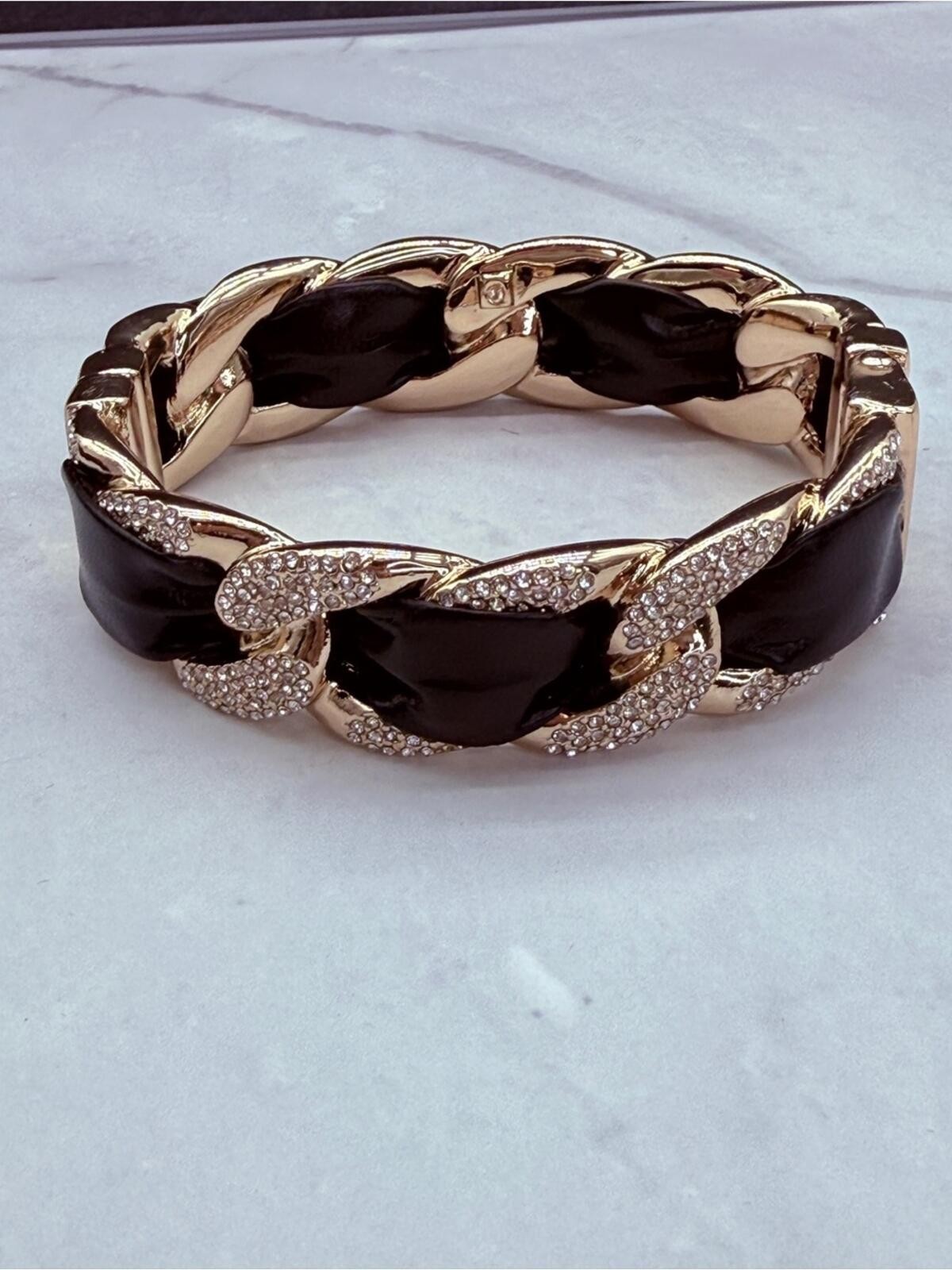 Gold-Tone Bangle Bracelet with Leather and Crystal Accents