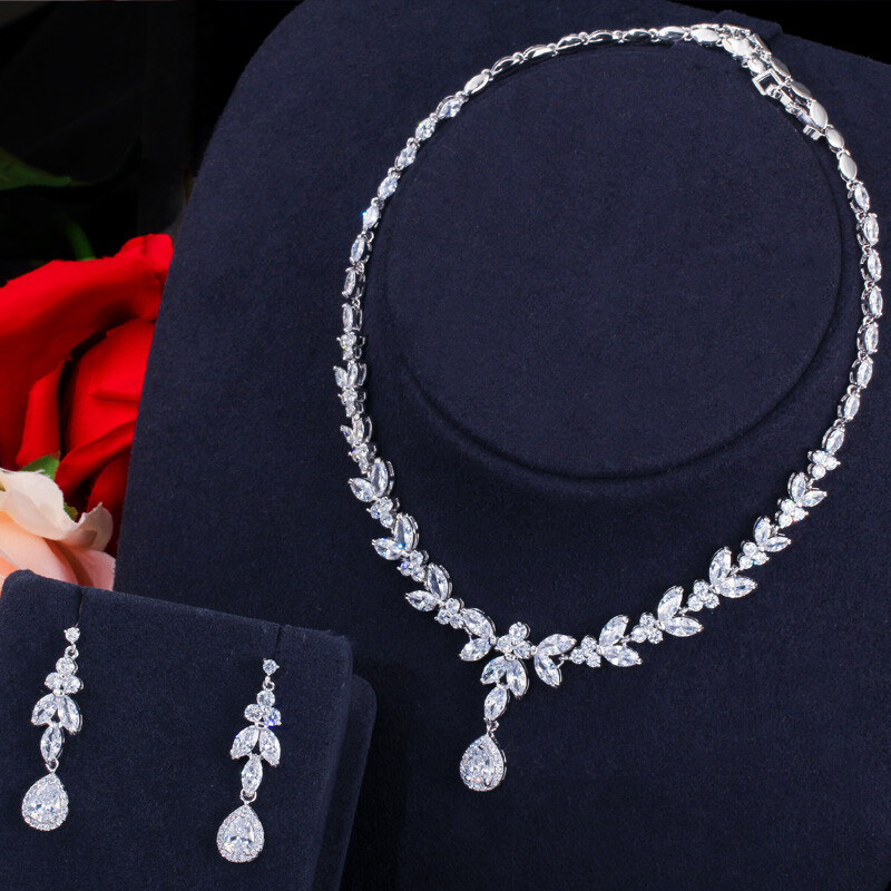 CWWZircons Luxury Leaf Silver Plated Cubic Zirconia Wedding Necklace Jewelry Set