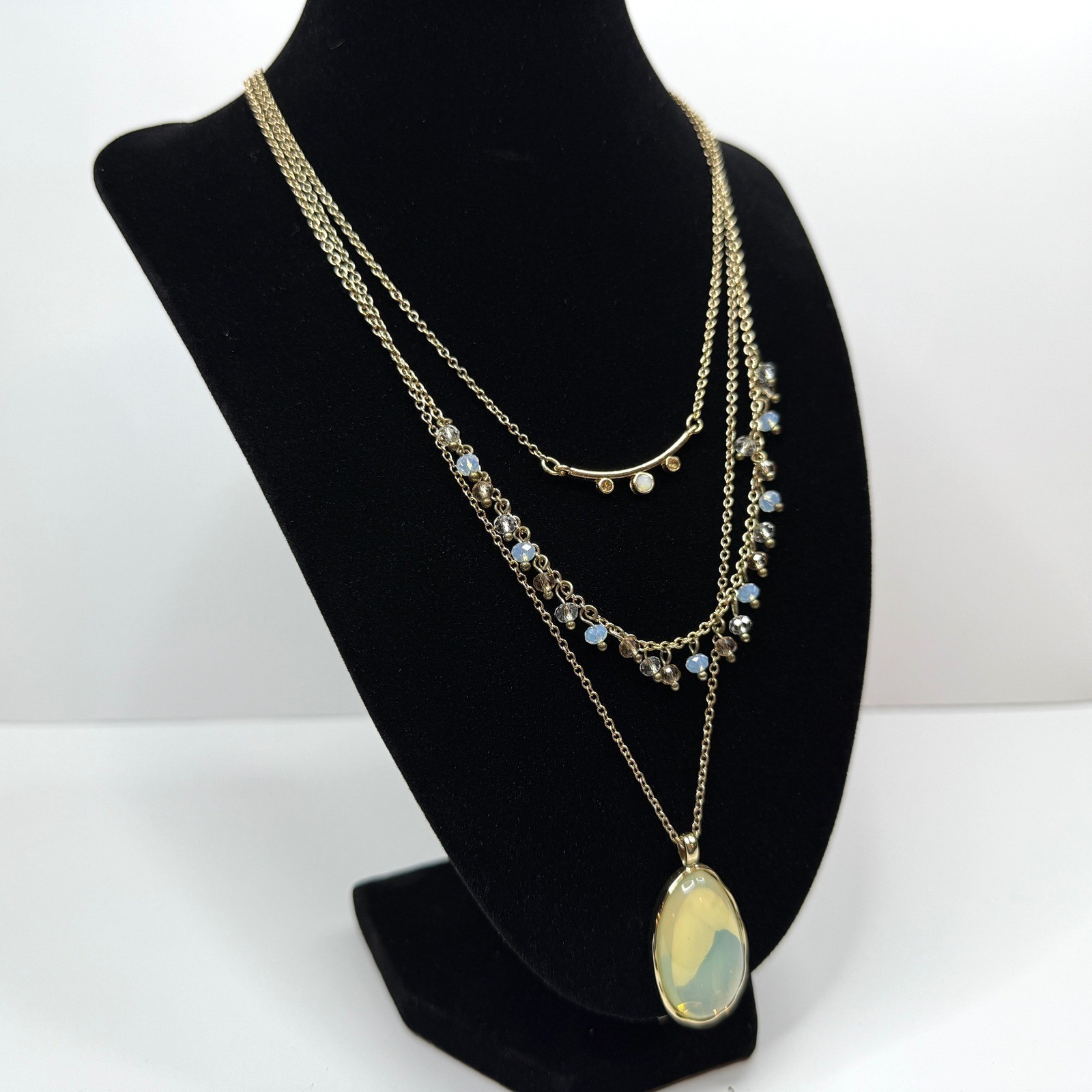 Multi-Strand Layered Statement Necklace Gold Tone Opal Cabochon Rhinestone 21 in