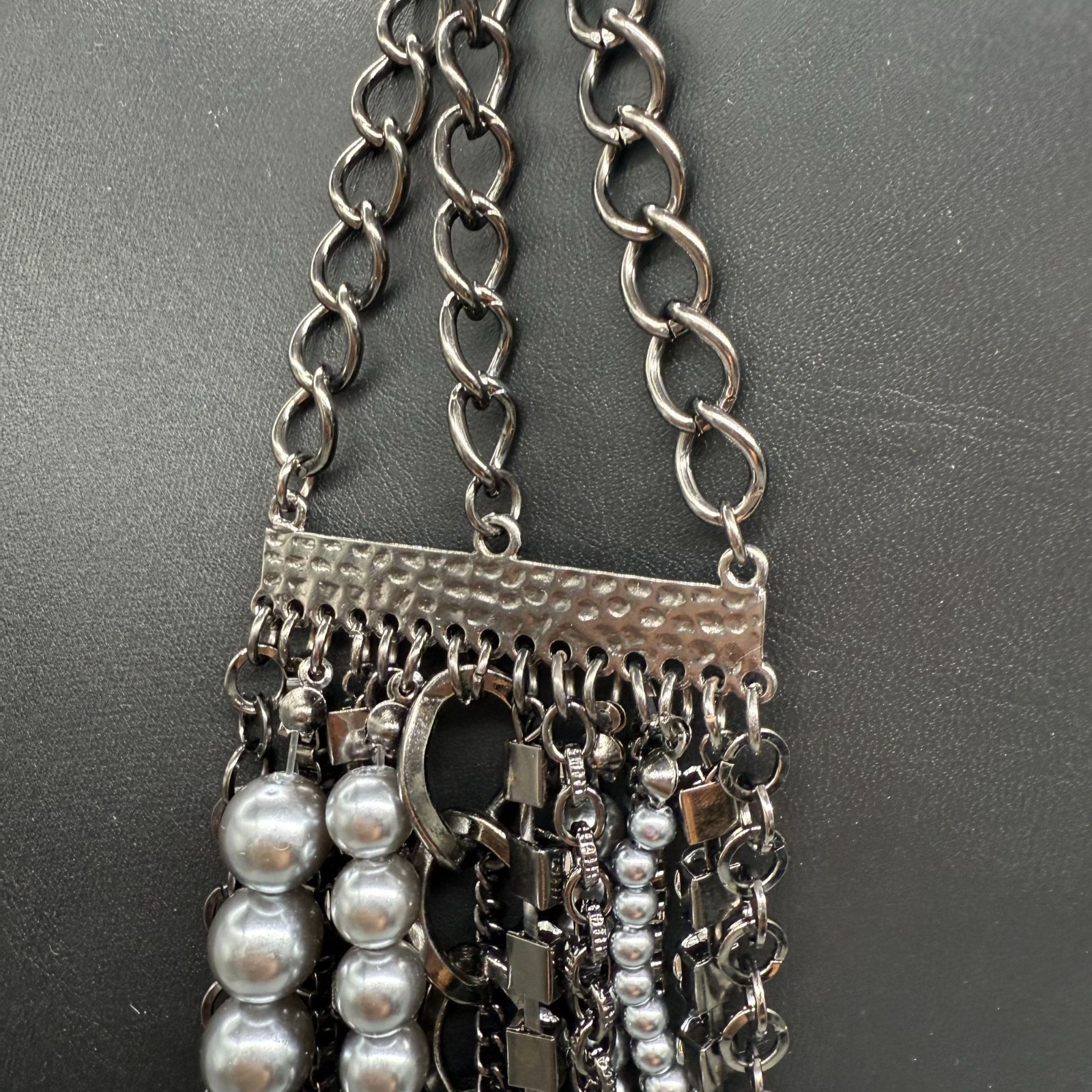 Rhinestone Gray Beaded Layered Multi-Strand Chain Necklace Silver Tone