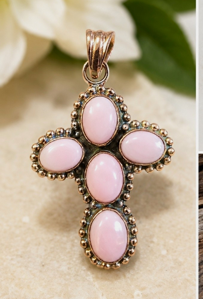 Pink Conch Shell & Copper Cross Pendant | Southwestern Boho Artisan Jewelry