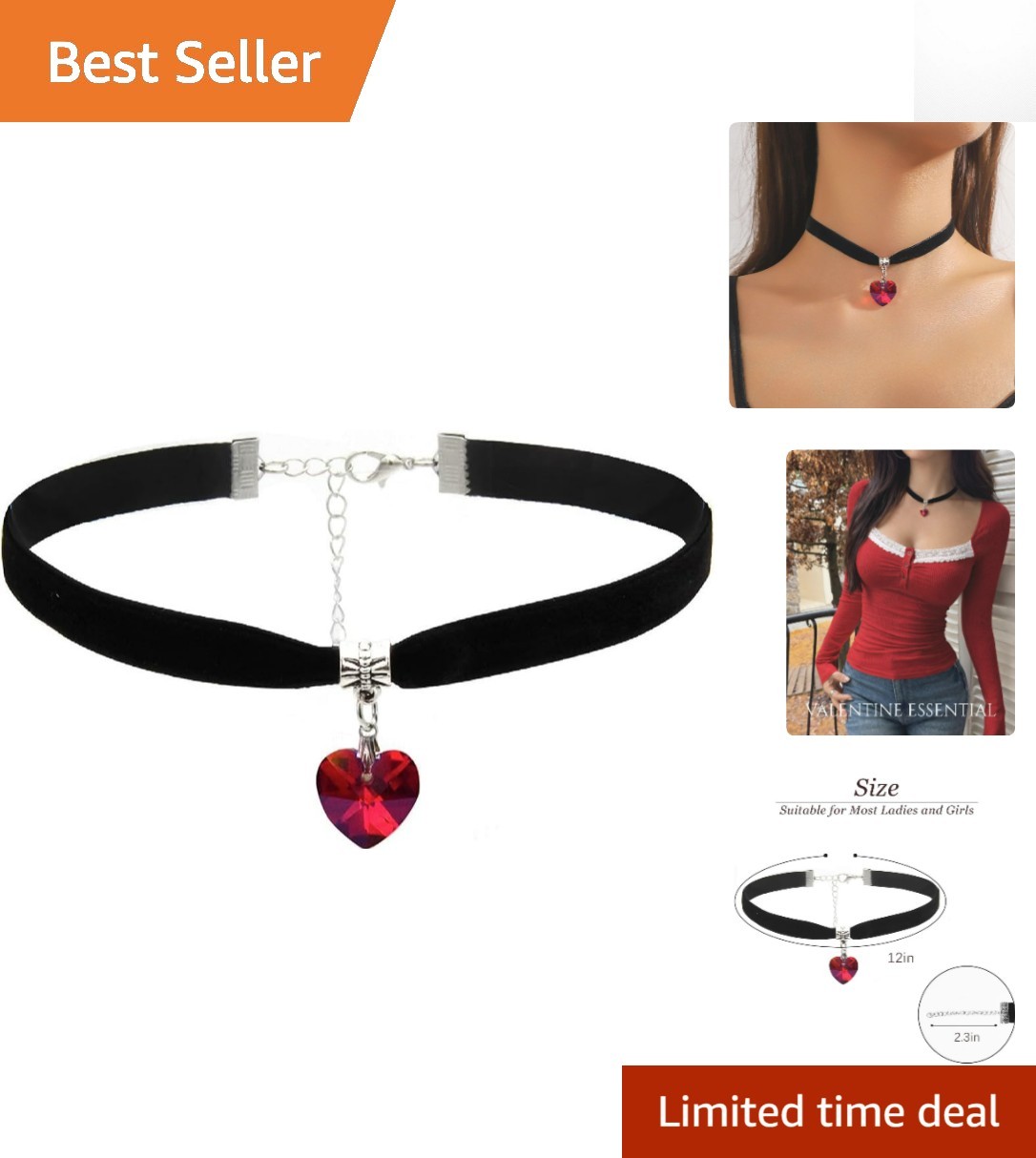 Fashion-Forward Adjustable Choker Necklace – Elegant Black Velvet with Red Heart