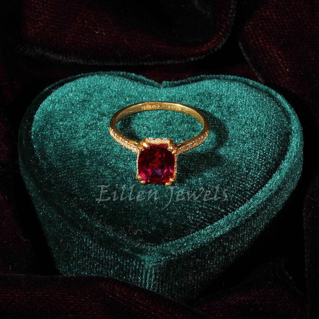 3 Ct Cushion Cut Ruby Ring, Ruby Wedding Ring, Yellow Gold Ruby Ring