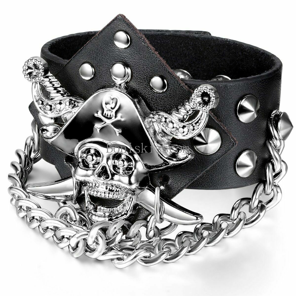 Unisex Black Metal Punk Rock Biker Wide Strap Leather Bracelet Bangle Wristband