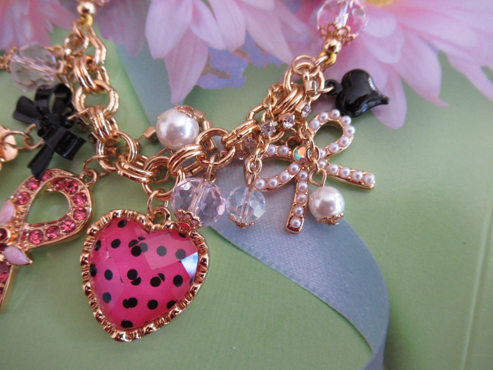 Designer Inspired Rhinestone Love Heart Bow Breast Cancer Awareness Bracelet NEW