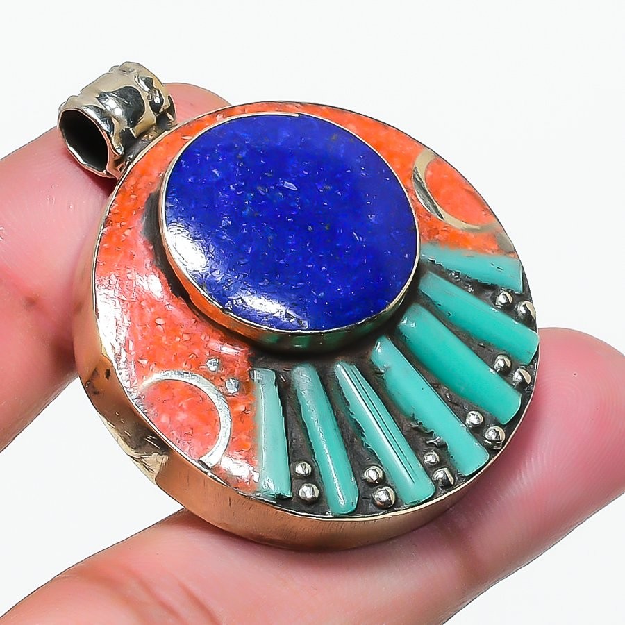 Lapis Lazuli Turquoise Coral Pendant Bahamas Tibetan Nepali Jewelry 1.7″ NP 2408