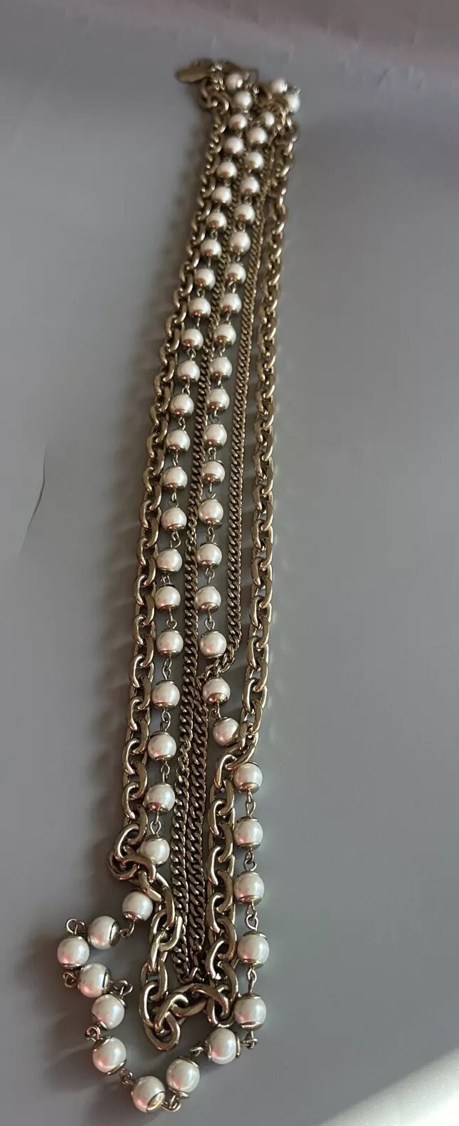 Ann Taylor Gold Plated Pearl Layered Chains Necklace Massive Long 30in. 20mm