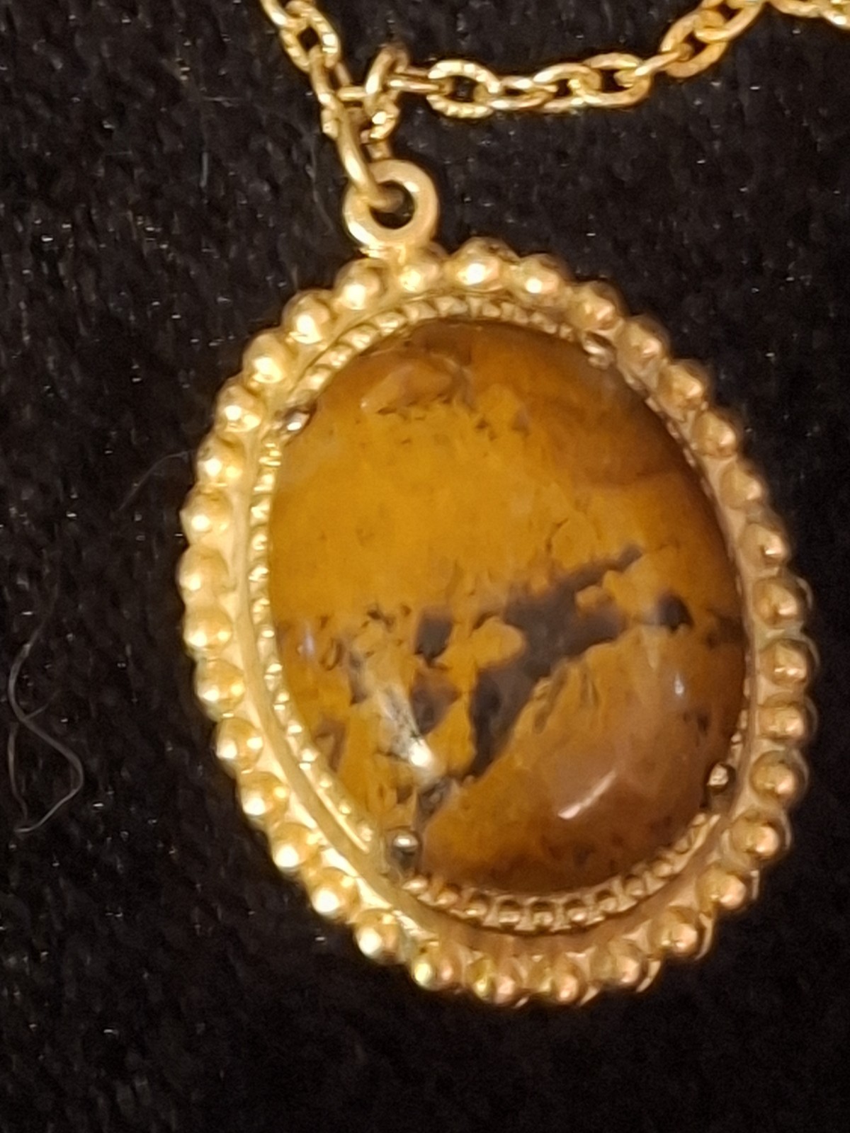 Gold-Tone Metal Cable Chain Necklace Oval Bezel-Set Brown/Black Stone Pendant