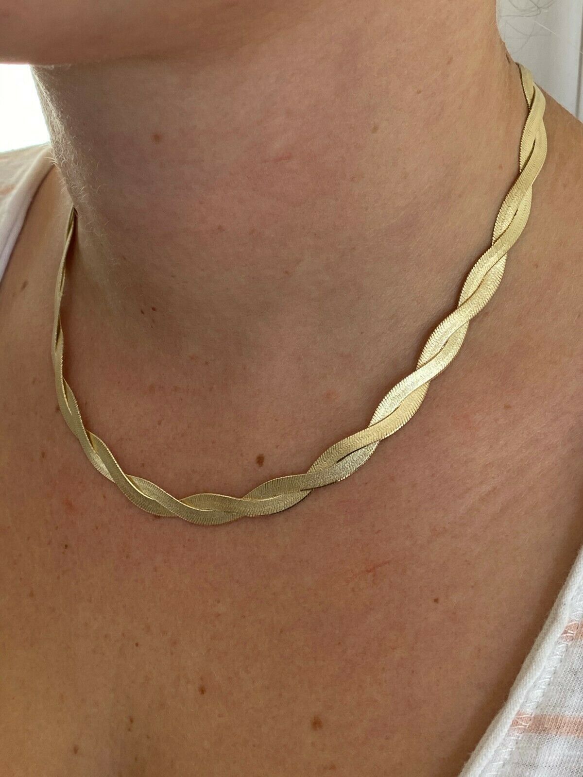 14k Gold Plated Solid 925 Silver Twisted Braided Herringbone Necklace 16-20″