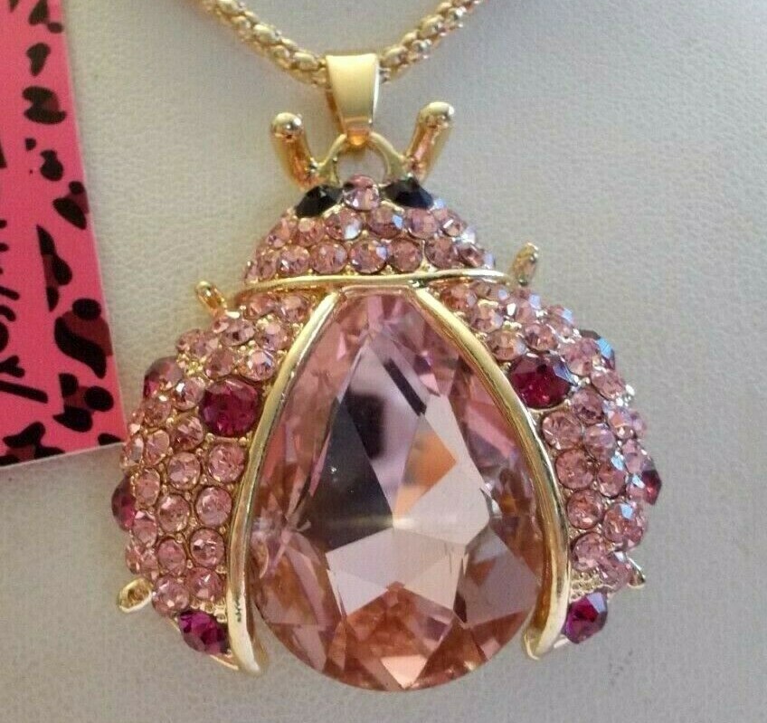 BETSEY JOHNSON SPARKLING PINK CRYSTAL & RHINESTONE LADYBUG PENDANT NECKLACE
