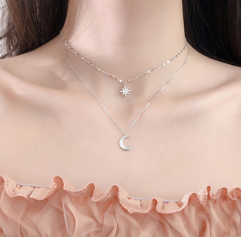 Layered Star Moon CZ Pendant 925 Sterling Silver Choker Necklace Women Gift PE55