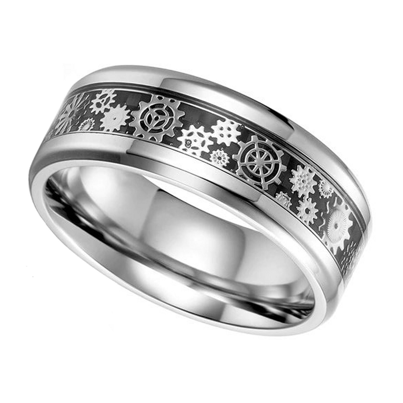 Mechanical Gear Ring Black Silver Stainless Steel Steampunk Wedding Band