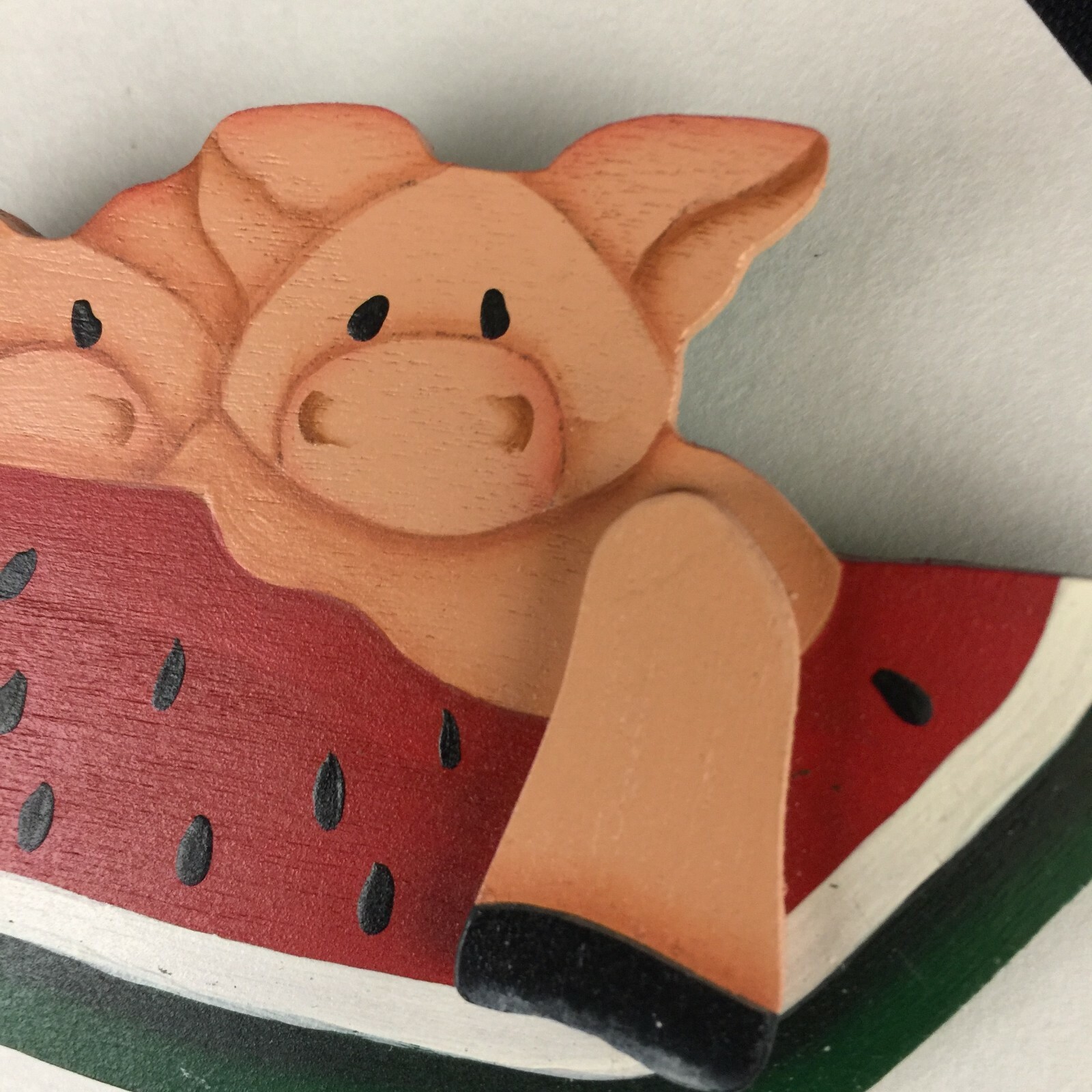 Brooch Pigs with Watermelon Pin Wooden Hand Painted Locking Bar Pin Back VTG